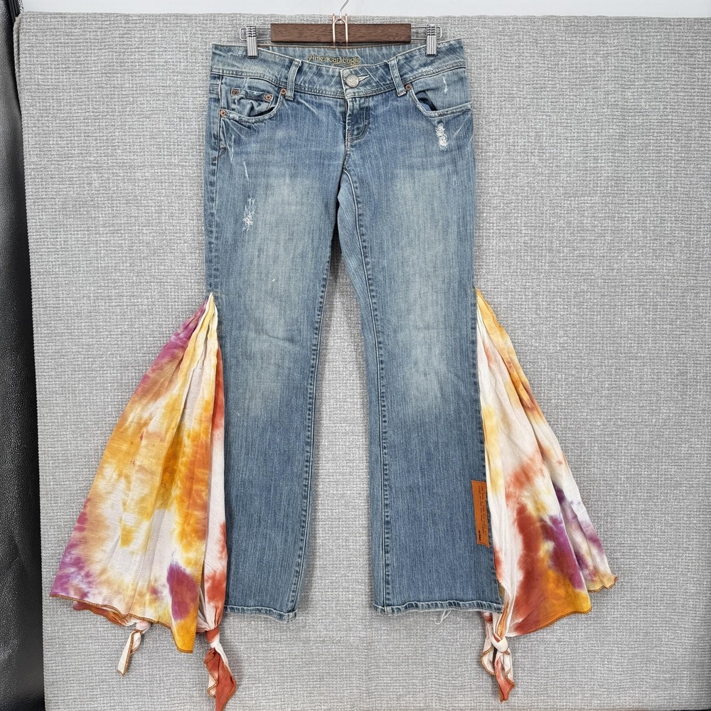American Eagle Jeans Womens 6 Blue Flared Distressed Embroidered‎ Tie Dye Panels